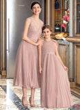 Jadyn A-Line V-neck Tea-Length Chiffon Lace Bridesmaid Dress With Pleated STIP0013067