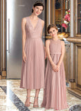 Jadyn A-Line V-neck Tea-Length Chiffon Lace Bridesmaid Dress With Pleated STIP0013067