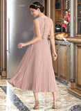 Jadyn A-Line V-neck Tea-Length Chiffon Lace Bridesmaid Dress With Pleated STIP0013067