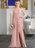 India A-Line Sweetheart Floor-Length Chiffon Lace Bridesmaid Dress With Split Front STIP0013068