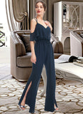 Sierra Jumpsuit/Pantsuit V-neck Floor-Length Bridesmaid Dress With Ruffle STIP0013073