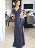 Anna A-Line V-neck Floor-Length Bridesmaid Dress With Ruffle STIP0013074