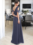 Anna A-Line V-neck Floor-Length Bridesmaid Dress With Ruffle STIP0013074