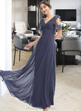 Anna A-Line V-neck Floor-Length Bridesmaid Dress With Ruffle STIP0013074