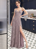 Emma A-Line V-neck Floor-Length Bridesmaid Dress With Split Front STIP0013075