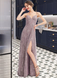 Emma A-Line V-neck Floor-Length Bridesmaid Dress With Split Front STIP0013075