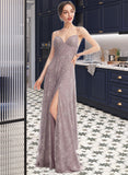 Emma A-Line V-neck Floor-Length Bridesmaid Dress With Split Front STIP0013075