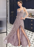 Emma A-Line V-neck Floor-Length Bridesmaid Dress With Split Front STIP0013075