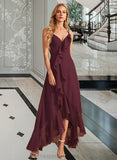 Carlie A-Line V-neck Asymmetrical Bridesmaid Dress With Ruffle Split Front STIP0013082