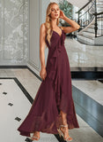 Carlie A-Line V-neck Asymmetrical Bridesmaid Dress With Ruffle Split Front STIP0013082