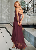 Carlie A-Line V-neck Asymmetrical Bridesmaid Dress With Ruffle Split Front STIP0013082