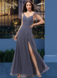 Savannah A-Line V-neck Floor-Length Chiffon Bridesmaid Dress With Split Front STIP0013086