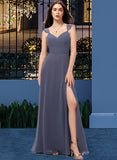 Savannah A-Line V-neck Floor-Length Chiffon Bridesmaid Dress With Split Front STIP0013086