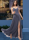 Savannah A-Line V-neck Floor-Length Chiffon Bridesmaid Dress With Split Front STIP0013086