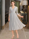 Amirah A-Line V-neck Tea-Length Chiffon Lace Bridesmaid Dress With Pleated STIP0013088