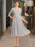 Amirah A-Line V-neck Tea-Length Chiffon Lace Bridesmaid Dress With Pleated STIP0013088