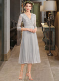 Amirah A-Line V-neck Tea-Length Chiffon Lace Bridesmaid Dress With Pleated STIP0013088