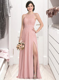 Danika A-Line Scoop Neck Floor-Length Chiffon Lace Bridesmaid Dress With Ruffle Split Front STIP0013089