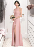 Danika A-Line Scoop Neck Floor-Length Chiffon Lace Bridesmaid Dress With Ruffle Split Front STIP0013089