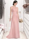 Danika A-Line Scoop Neck Floor-Length Chiffon Lace Bridesmaid Dress With Ruffle Split Front STIP0013089