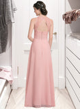 Danika A-Line Scoop Neck Floor-Length Chiffon Lace Bridesmaid Dress With Ruffle Split Front STIP0013089