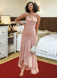 Jill Trumpet/Mermaid V-neck Asymmetrical Bridesmaid Dress With Ruffle STIP0013094