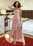 Jill Trumpet/Mermaid V-neck Asymmetrical Bridesmaid Dress With Ruffle STIP0013094