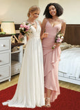 Jill Trumpet/Mermaid V-neck Asymmetrical Bridesmaid Dress With Ruffle STIP0013094