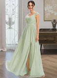 Madison A-Line V-neck Floor-Length Bridesmaid Dress With Lace Split Front STIP0013096