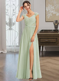 Madison A-Line V-neck Floor-Length Bridesmaid Dress With Lace Split Front STIP0013096