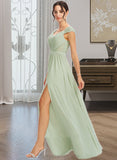 Madison A-Line V-neck Floor-Length Bridesmaid Dress With Lace Split Front STIP0013096