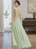 Madison A-Line V-neck Floor-Length Bridesmaid Dress With Lace Split Front STIP0013096