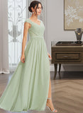 Madison A-Line V-neck Floor-Length Bridesmaid Dress With Lace Split Front STIP0013096