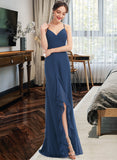 Taliyah A-Line V-neck Floor-Length Bridesmaid Dress With Ruffle Split Front STIP0013097