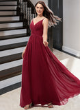 Jaelyn A-Line V-neck Floor-Length Chiffon Bridesmaid Dress With Ruffle Lace STIP0013098