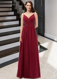 Jaelyn A-Line V-neck Floor-Length Chiffon Bridesmaid Dress With Ruffle Lace STIP0013098