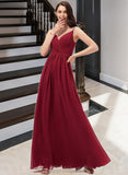 Jaelyn A-Line V-neck Floor-Length Chiffon Bridesmaid Dress With Ruffle Lace STIP0013098