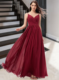 Jaelyn A-Line V-neck Floor-Length Chiffon Bridesmaid Dress With Ruffle Lace STIP0013098