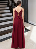 Jaelyn A-Line V-neck Floor-Length Chiffon Bridesmaid Dress With Ruffle Lace STIP0013098