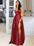 Regan A-Line V-neck Floor-Length Satin Bridesmaid Dress With Split Front Pockets STIP0013100