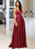 Regan A-Line V-neck Floor-Length Satin Bridesmaid Dress With Split Front Pockets STIP0013100