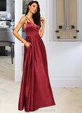 Regan A-Line V-neck Floor-Length Satin Bridesmaid Dress With Split Front Pockets STIP0013100