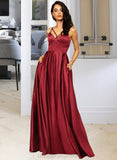 Regan A-Line V-neck Floor-Length Satin Bridesmaid Dress With Split Front Pockets STIP0013100