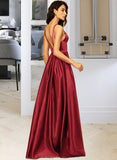 Regan A-Line V-neck Floor-Length Satin Bridesmaid Dress With Split Front Pockets STIP0013100