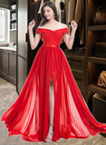 Lizbeth A-Line Off-the-Shoulder Sweep Train Chiffon Bridesmaid Dress With Ruffle Split Front STIP0013102