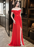 Lizbeth A-Line Off-the-Shoulder Sweep Train Chiffon Bridesmaid Dress With Ruffle Split Front STIP0013102