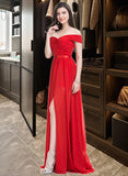 Lizbeth A-Line Off-the-Shoulder Sweep Train Chiffon Bridesmaid Dress With Ruffle Split Front STIP0013102