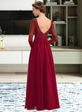 Eva A-Line Scoop Neck Floor-Length Chiffon Lace Bridesmaid Dress STIP0013103