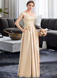 Mabel A-Line Off-the-Shoulder Floor-Length Satin Bridesmaid Dress With Ruffle Pockets STIP0013104