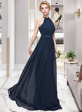 Annie A-Line/Princess Scoop Neck Floor-Length Chiffon Bridesmaid Dress With Ruffle STIP0013105